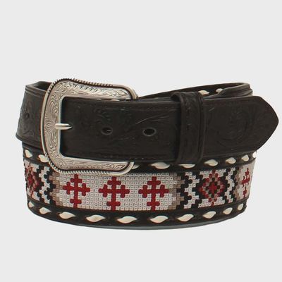 3D Mens Belt Southwestern Cross Embroidered Black