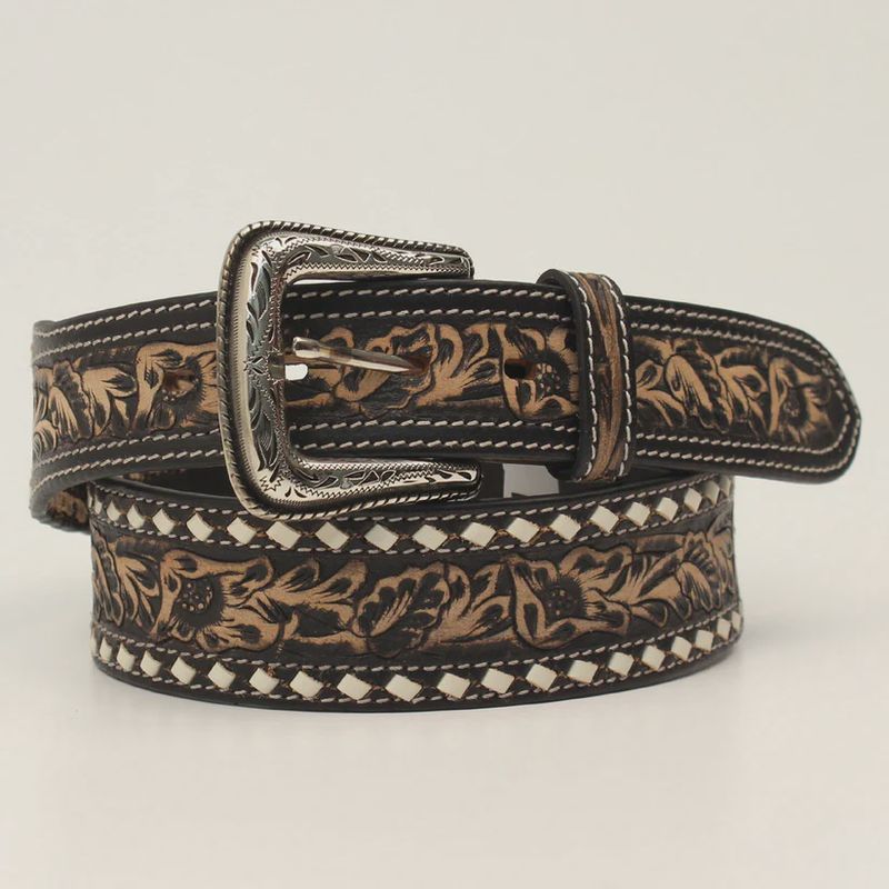 Nocona Mens Belt Buck Lacing Floral Tooled Black