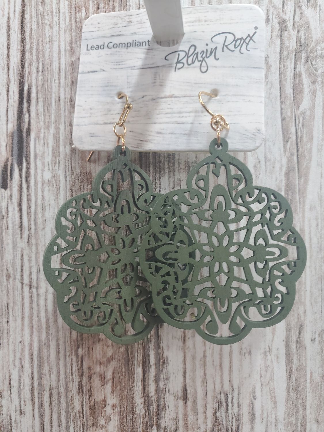 Wooden Medallion Cutout Olive Earrings
