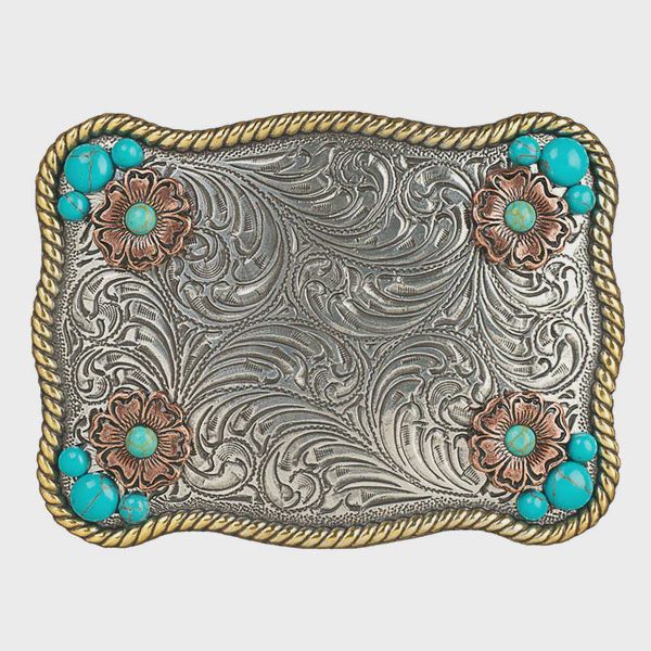 Blazin Roxx Rectangle Flower Western Belt Buckle With Turquoise