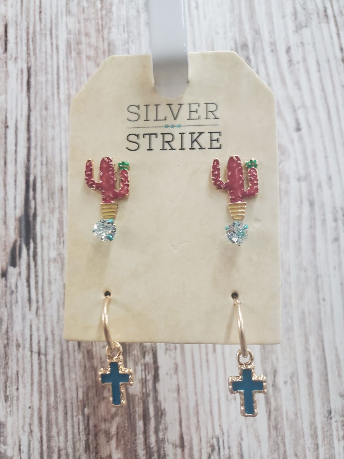 Silver Strike 3 Pc Cactus, Cross, &amp; Stud Earring Set