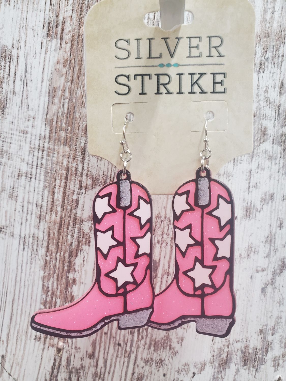 Cowboy Boot Earrings Pink Glitter Stars