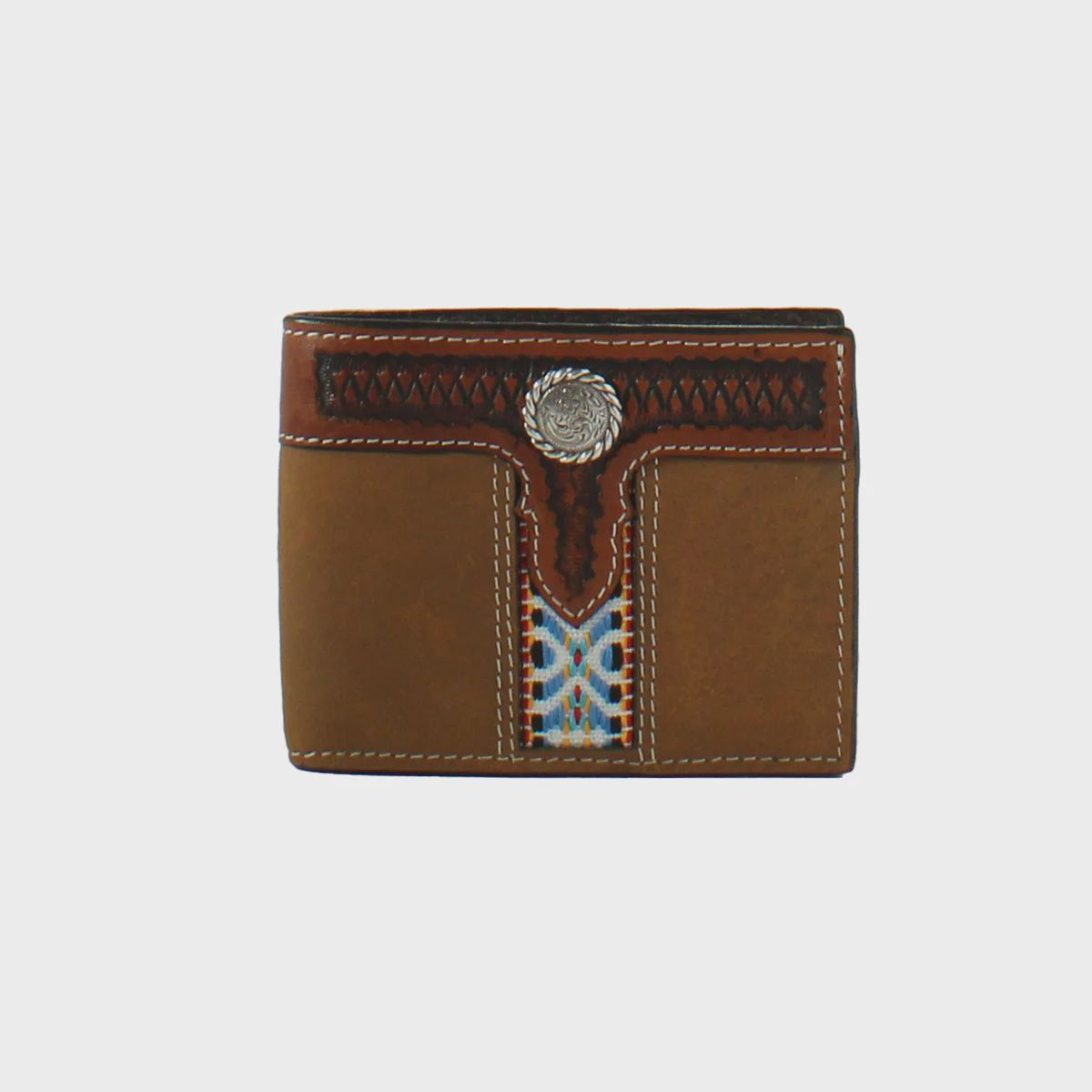 3D Brown Bifold Wallet with Basket Stamp Tooling and Blue Aztec Ribbon Inlay
