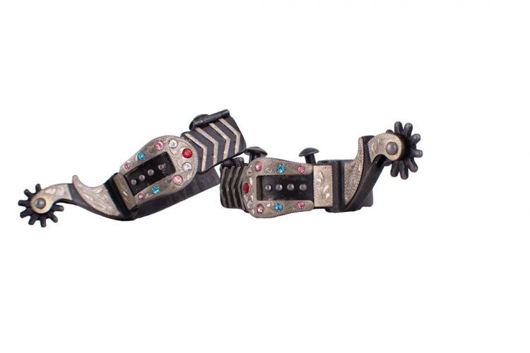 Antique gray steel spur with silver buckle tip and engraved overlay with multicolored rhinestones