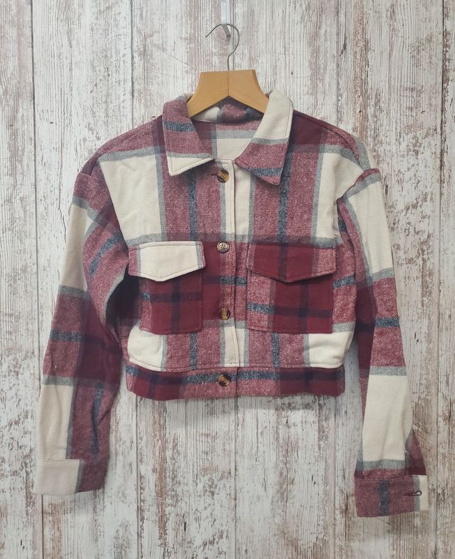 Red Wine Plaid Buttoned Crop Shacket