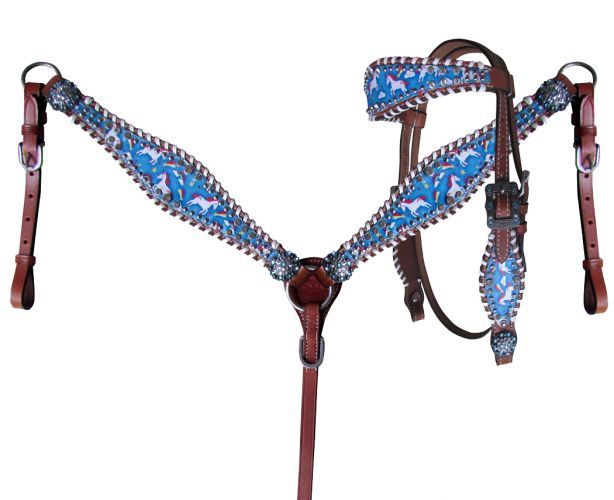 Pony Size Rainbow Unicorn Print Headstall and Breast Collar Set