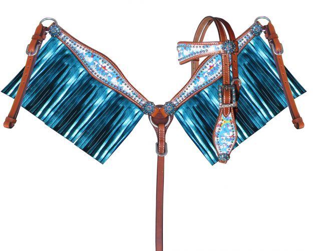Pony Size Blue Rainbow Unicorn Print Headstall and Breast Collar Set