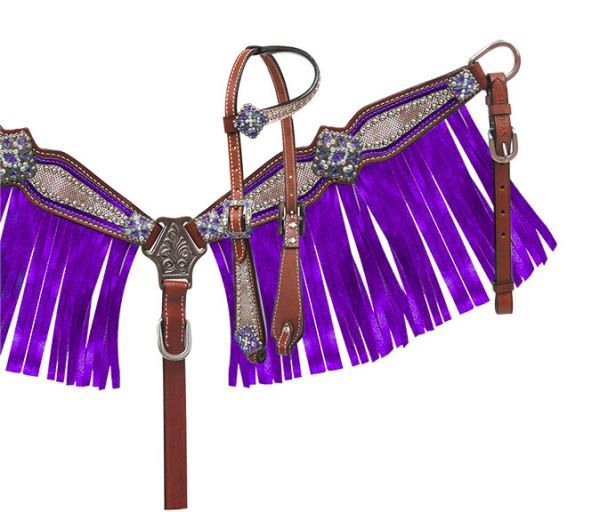 Pony Size Headstall and Breast Collar Set with Holographic Snake Print and Metallic Fringe
