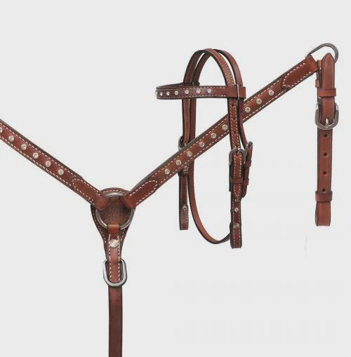 Mini Size Medium Leather Headstall and Breast Collar Set with Crystal Rhinestones