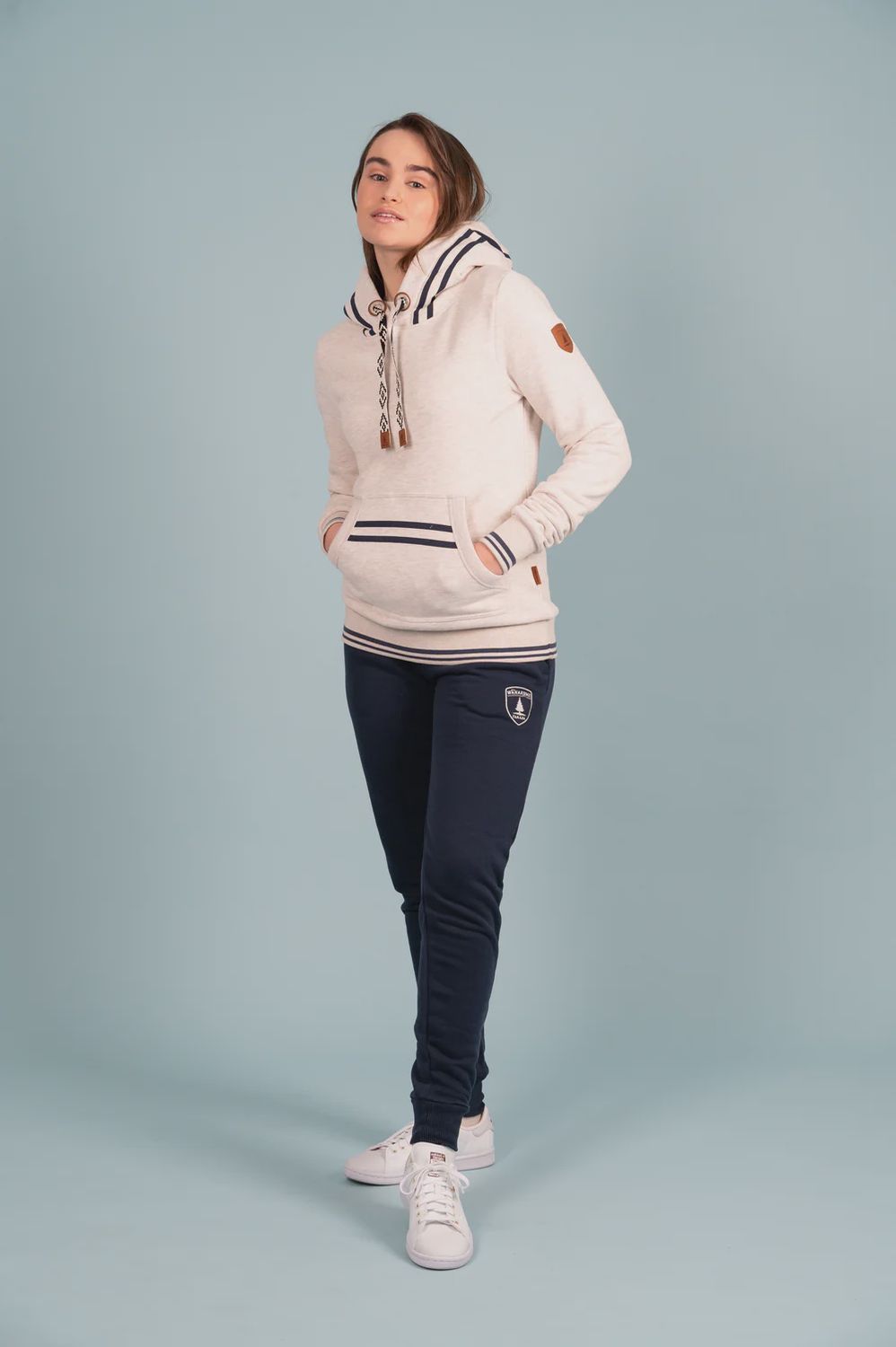 Heather Oatmeal Stripe Trim Hoodie