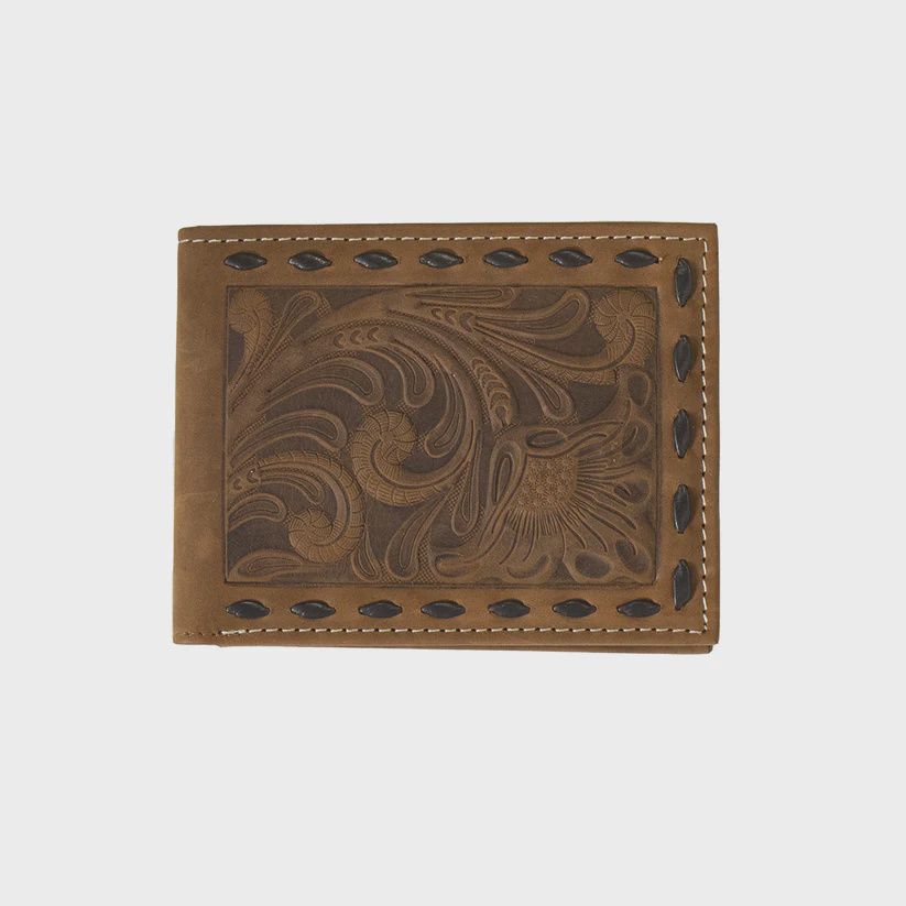 Bifold Wallet Floral Embossed Chocolate Buck Lacing Brown