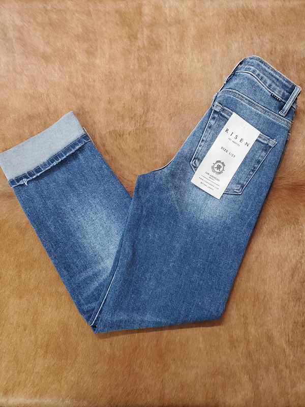 High Rise Crop Straight Cuffed Jeans
