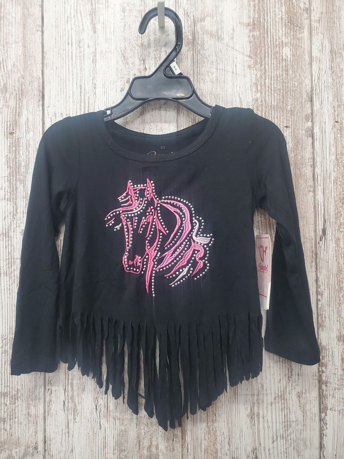 Bella Horse Long Sleeve Crew Fringe Shirt