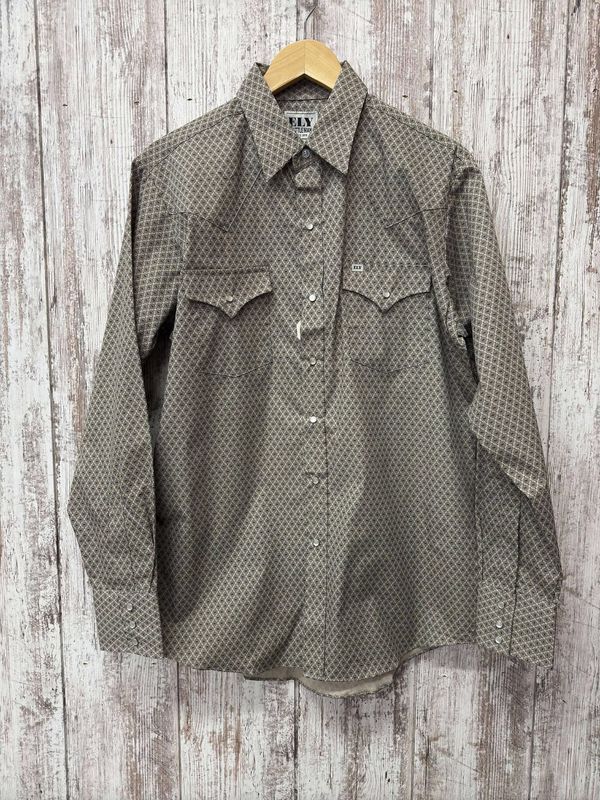 Medallion Print Pearl Snap-Khaki