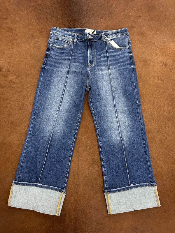 High Rise Straight Wide Cuff Ankle Jeans