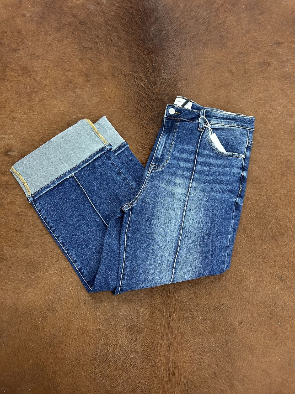 High Rise Straight Wide Cuff Ankle Jeans