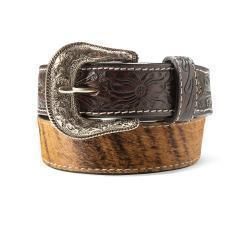 Boys Belt 1 1/4&quot; Hand Tooled Hair Inlay Brown