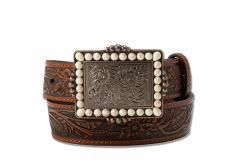 Girls Belt 1 1/4&quot; Floral Embossed White Stone Buckle