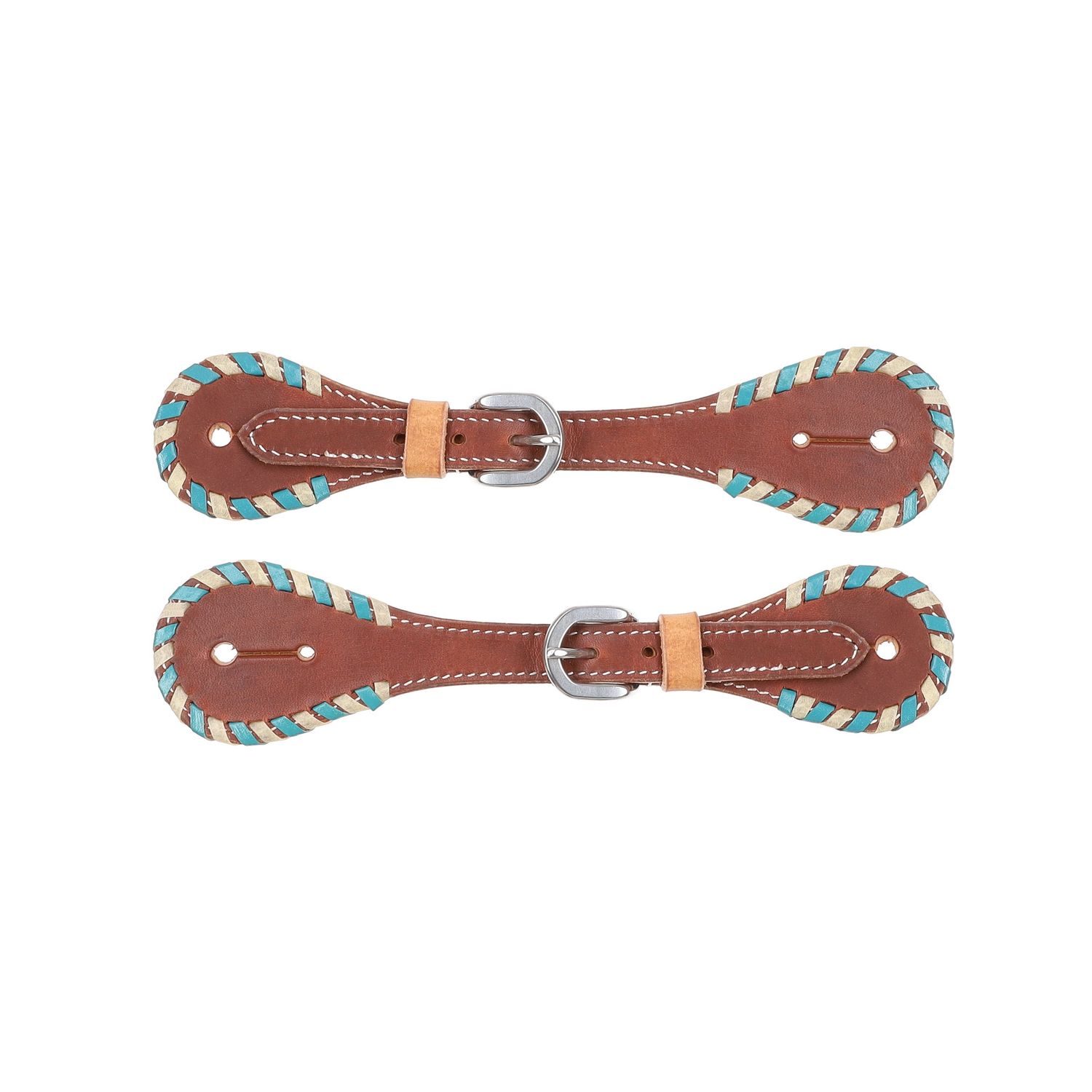 Argentina Cow Leather Spur Strap with White and Teal Rawhide, Size: Ladies