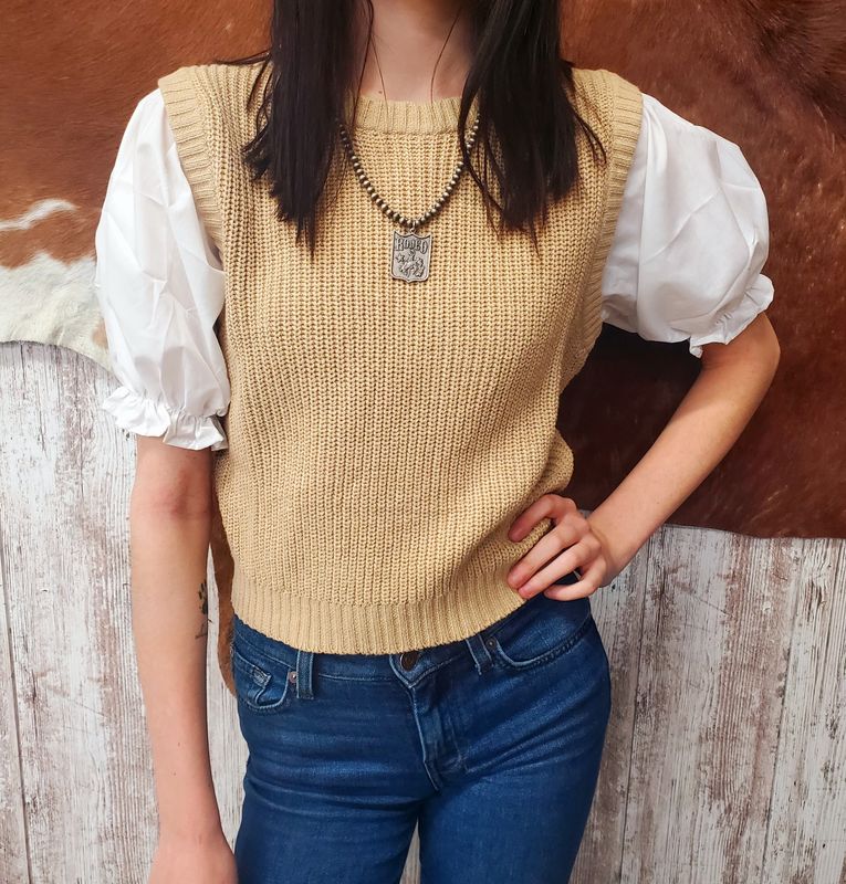 Layered Sweater Vest with Puff Sleeves