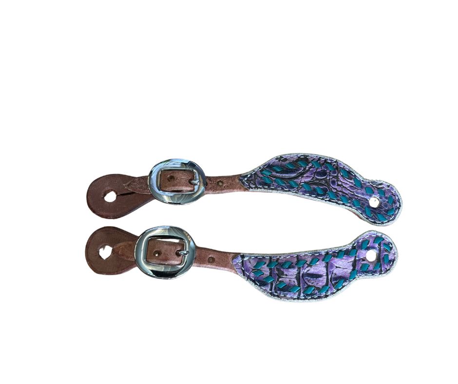 Youth Harness Leather Gator Spur Straps, Color: Purple with Turquoise Lace