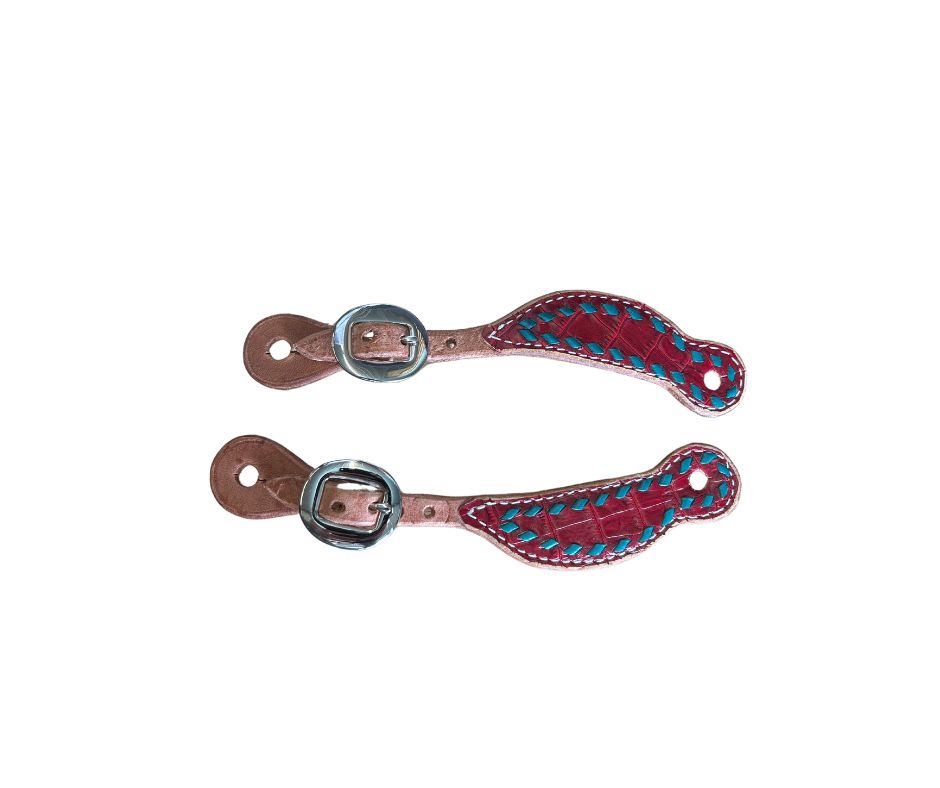 Youth Shaped Spur Straps, Color: Red with Turquoise Buckstitch