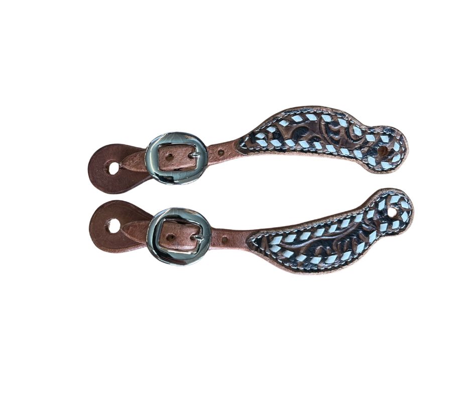 Youth Hand Laced Spur Straps, Color: Copenhagen with White Buckstitch