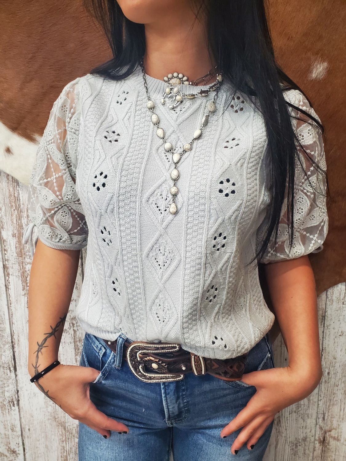 Crochet Sleeve Pointelle Sweater-Various Colors!