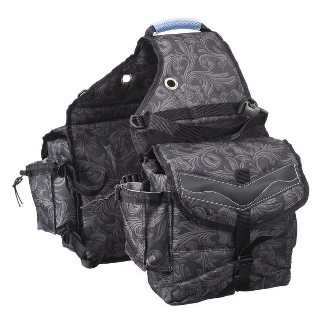 Multi-Pocket Insulated Saddle Bag, Color: Black Tooled Leather
