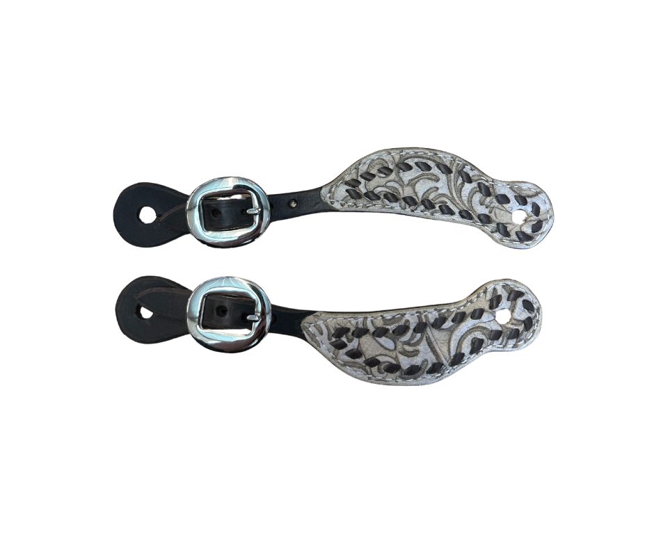 Youth Hand Laced Chocolate Spur Straps, Color: Sand Floral with Chocolate Lace