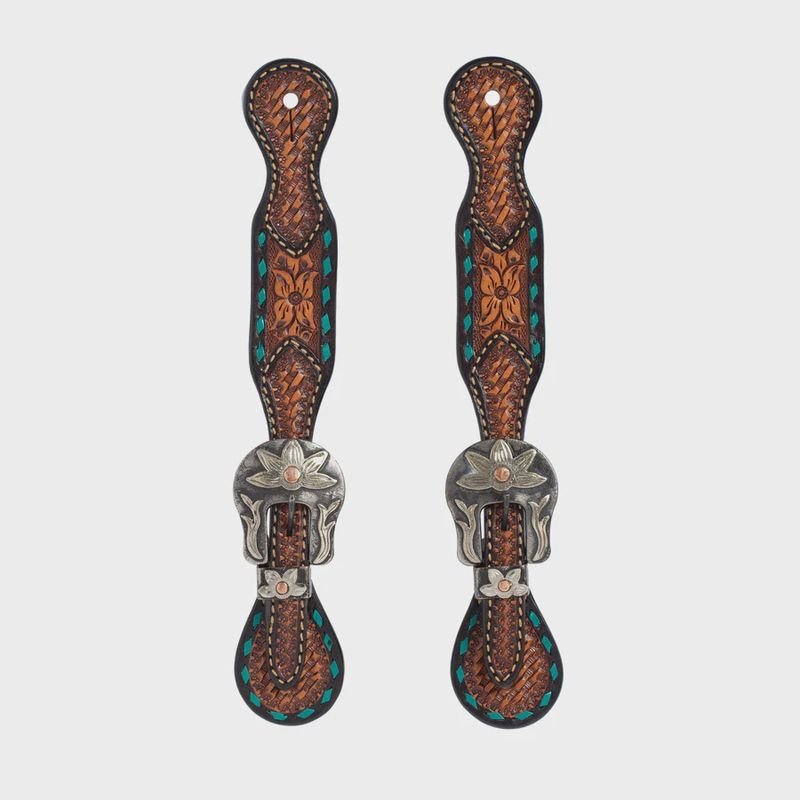 Turquoise Cross Ladies&#39; Spur Straps, Floral Buckstitch