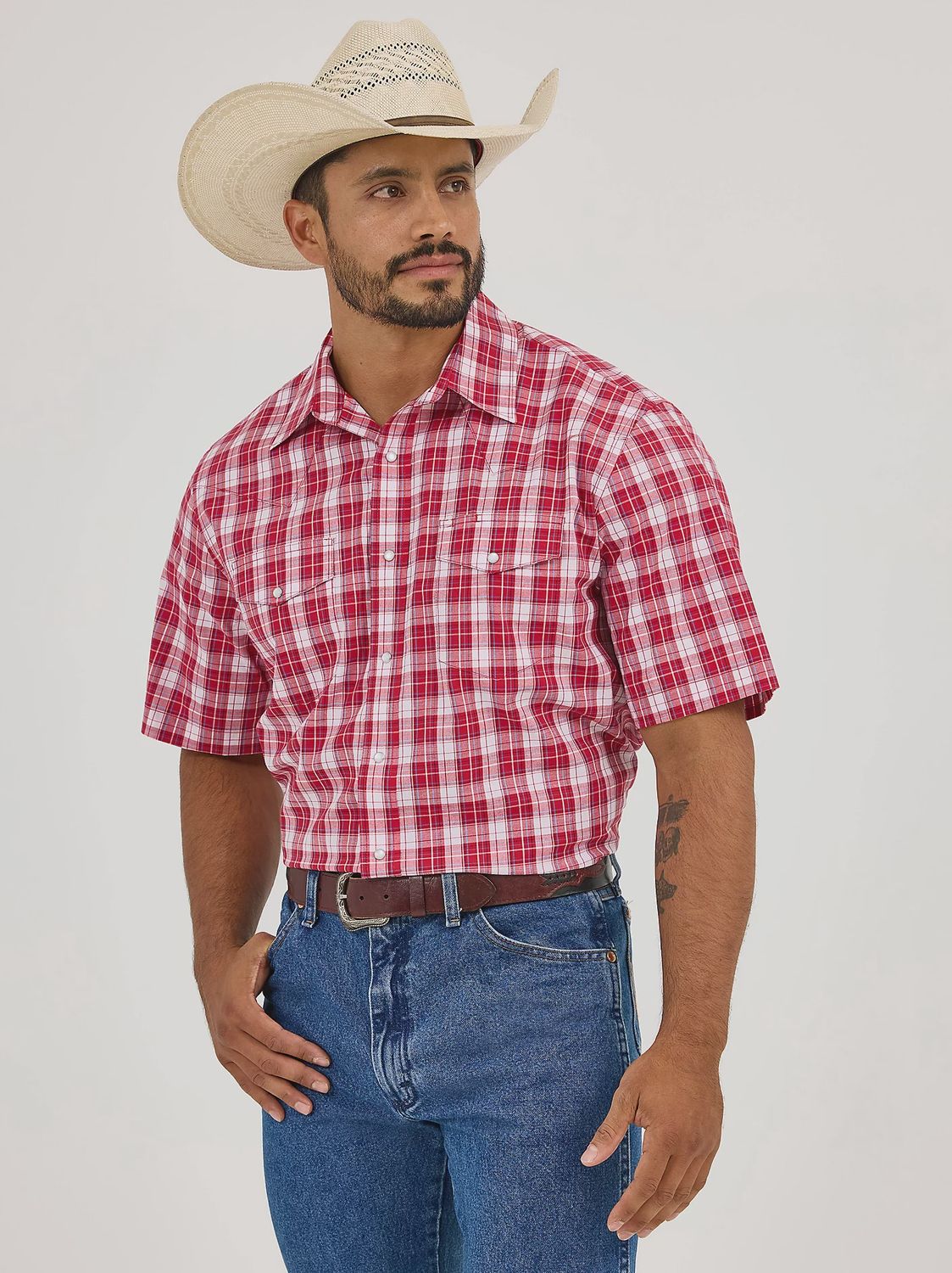 Wrinkle Resist Short Sleeve Western Snap Plaid Shirt