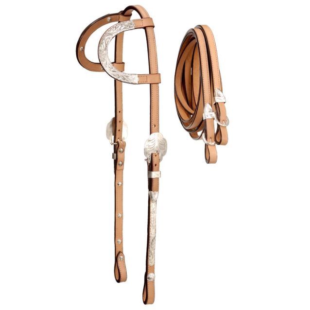 Royal King Double Ear Headstall with Silver Accents and Matching Reins, Color: Light Oil