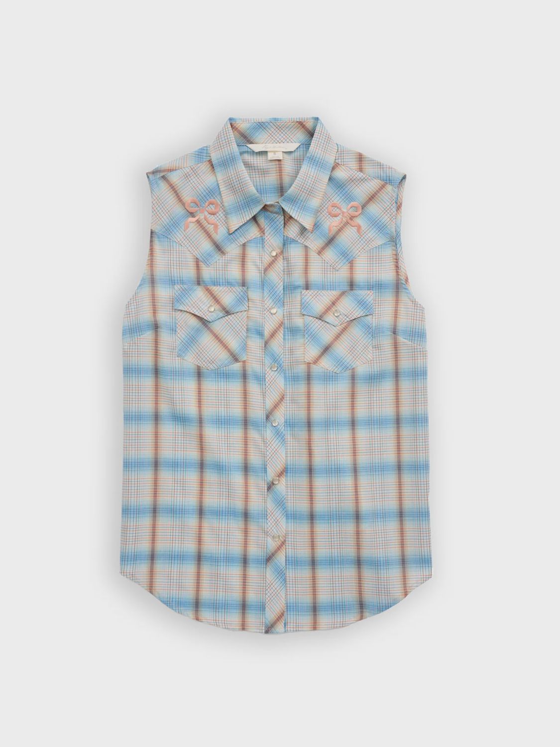 Plaid with Bow Embroidery Sleeveless Shirt
