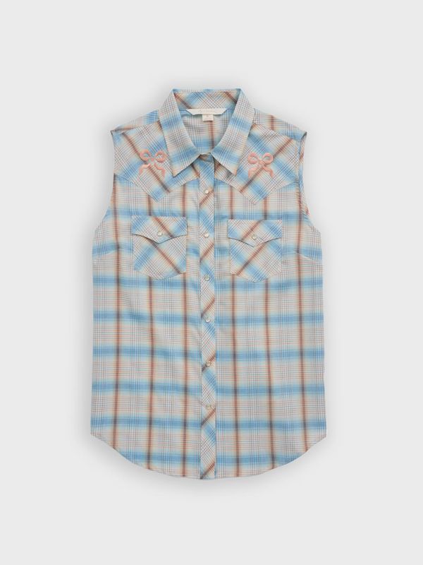 Plaid with Bow Embroidery Sleeveless Shirt