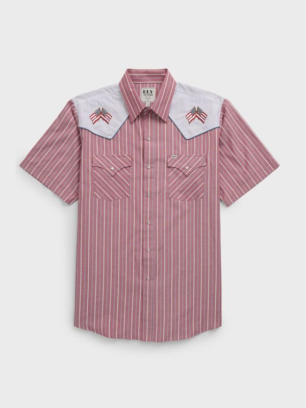 Cattleman Short Sleeve Stripe with Flag Embroidery Western Snap Shirt