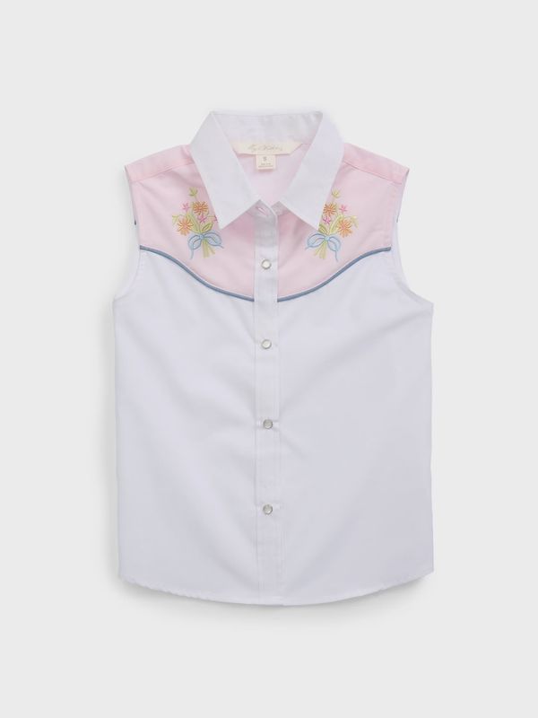 White Solid with Floral Embroidery Sleeveless Shirt