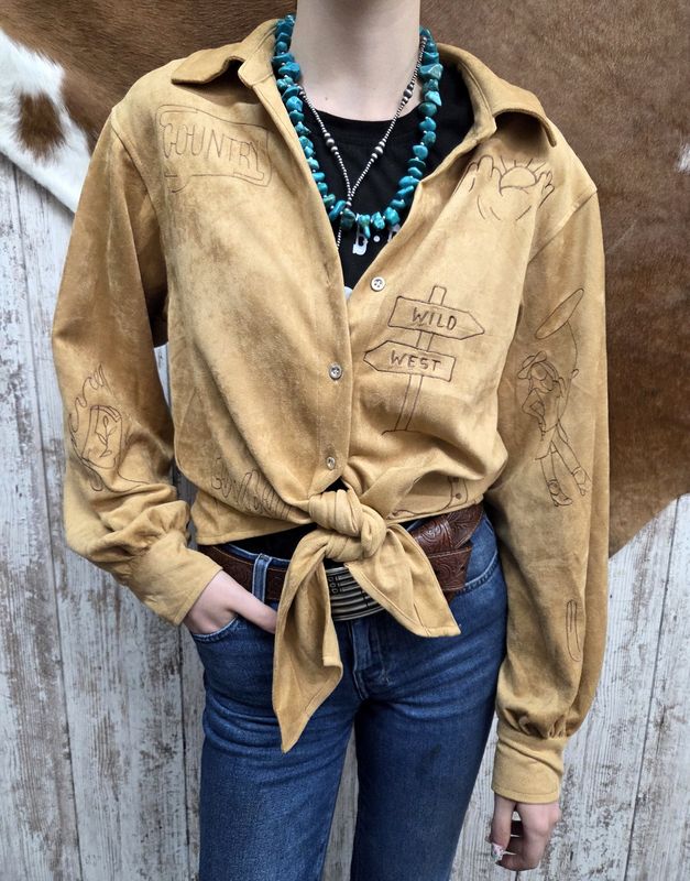 Western Embroidered Suede Front Tie Top