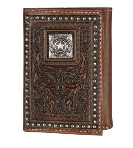Floral Tooled with Concho and Studded Edge Tri-fold Wallet