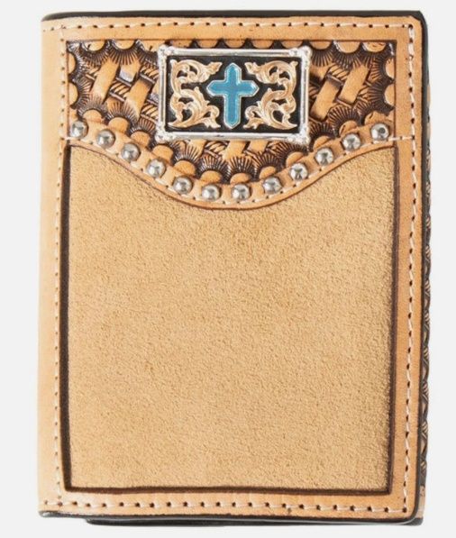 Trifold Leather Turq Cross Concho Weave