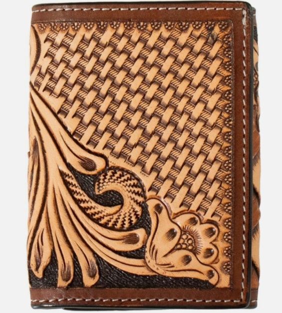 Trifold Leather Tooled Floral Weave Tan