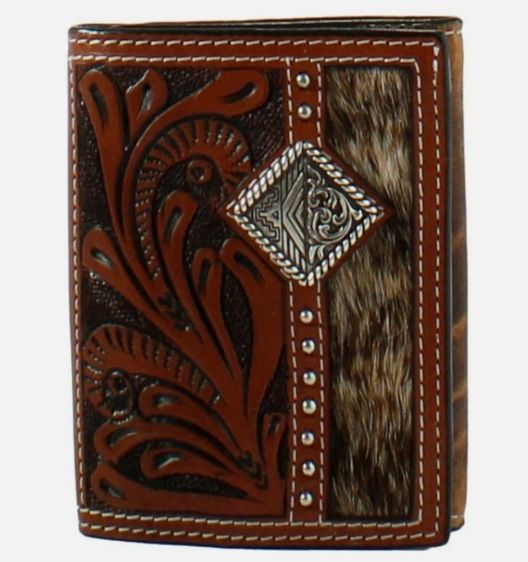 Trifold Leather Calf Hair Inlay Concho Brown