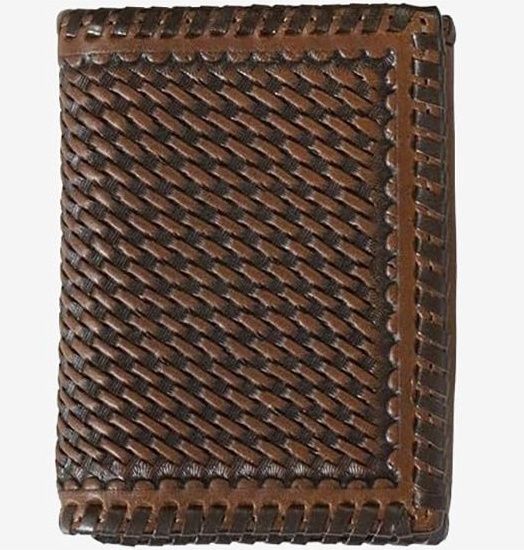 Brown Hand Tooled Basketweave Trifold Wallet