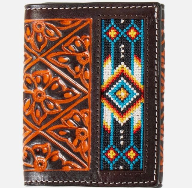 3D Floral Hand Tooled Embossed Trifold Wallet