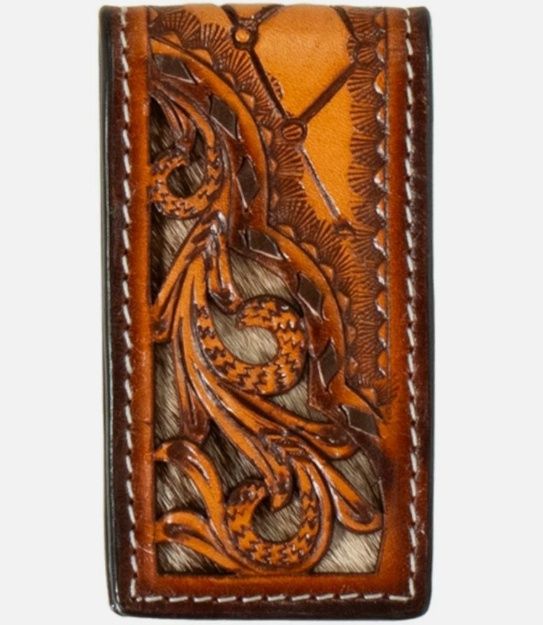 3D Western Bifold Money Clip Leather Calf Hair Underlay Tan