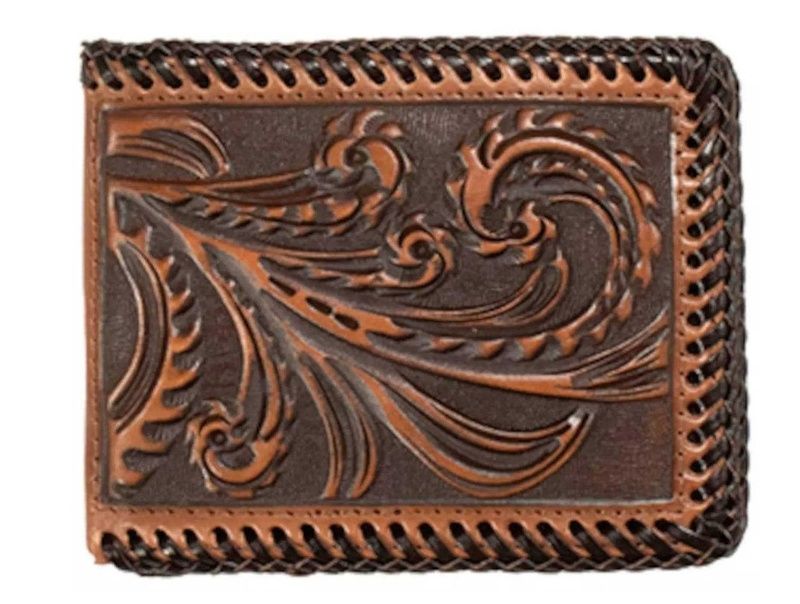 3D Men&#39;s Bifold Style Scrolling Edge Lace Brown Wallet Money Clip