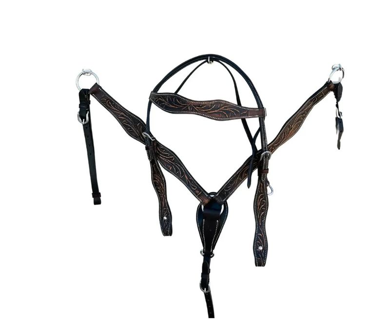 Floral Tooled Leather Headstall and Breastcollar Set