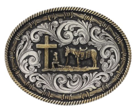 Two tone Rope &amp; Barbed Wire Classic Impressions Christian Cowboy Attitude Buckle