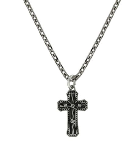 Antiqued Stainless Barbed Wire Cross Necklace