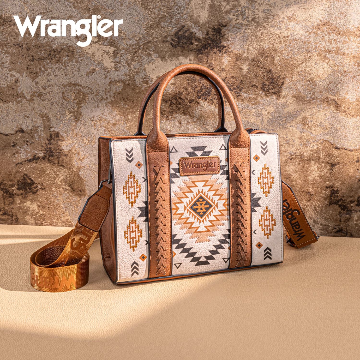 Wrangler Aztec Pattern Print -Tote/Crossbody, Color: Tan